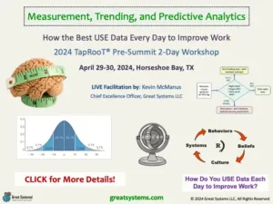 Be a part of my 2-day ‘Measurement, Trending, and Predictive Analytics – How the Best Use Data to Improve’ workshop on April 29-30. It’s part of the 2024 Global TapRooT® Summit in Horseshoe Bay, TX.